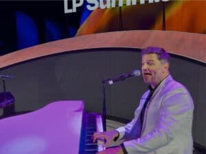 Dueling piano entertainer performing at a corporate networking event at Fontainebleau Las Vegas